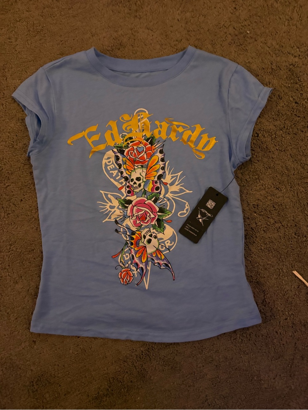Ed Hardy Light Blue Floral Skull Graphic Tee with Yellow Logo